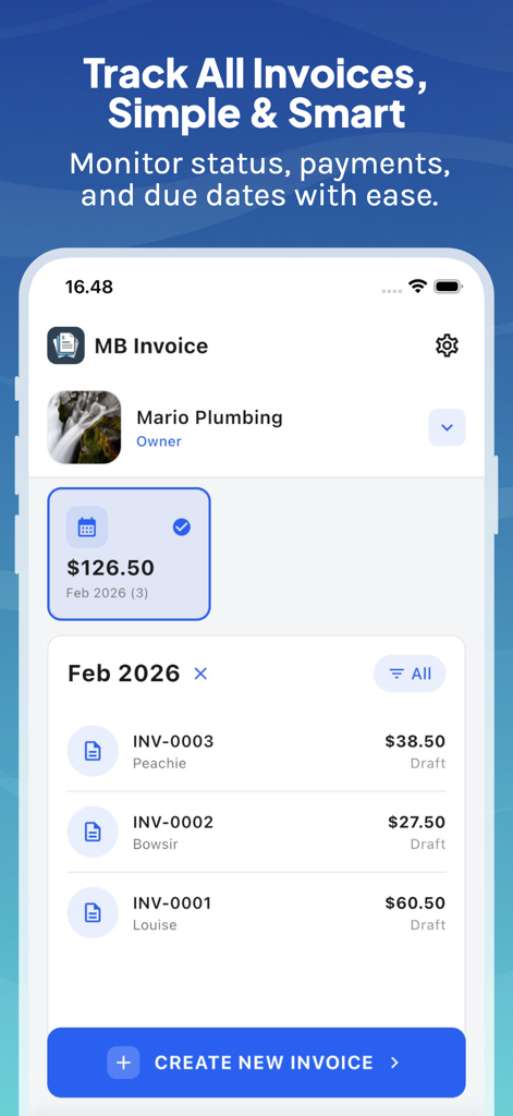 Painel do aplicativo MB Fatura Fácil mostrando faturas rascunhas e status de faturamento para uma empresa de encanamento