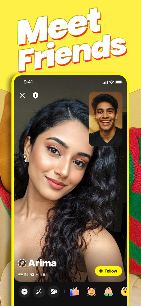 Interfaccia utente dell'app Vividi che mostra una videochiamata live uno a uno tra due persone sorridenti