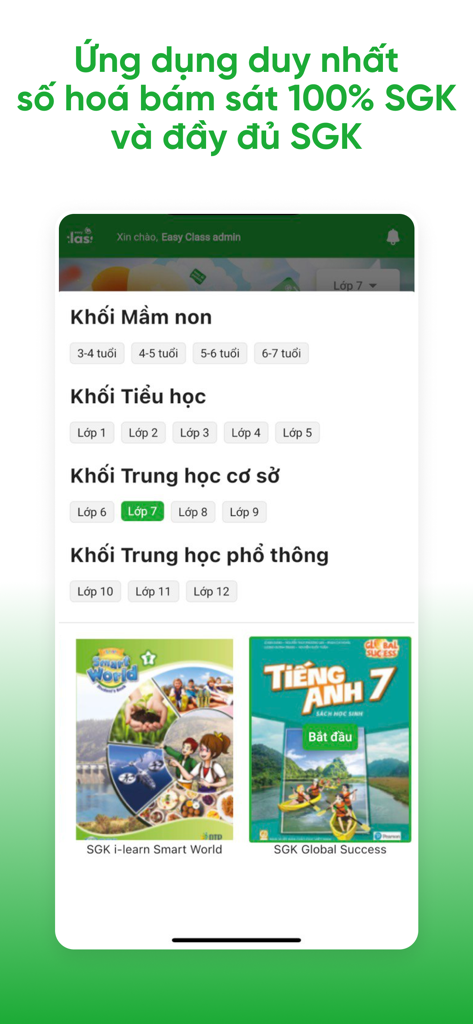 Easy Class app interface displaying English textbooks and grade levels from preschool to high school according to the Vietnamese curriculum.