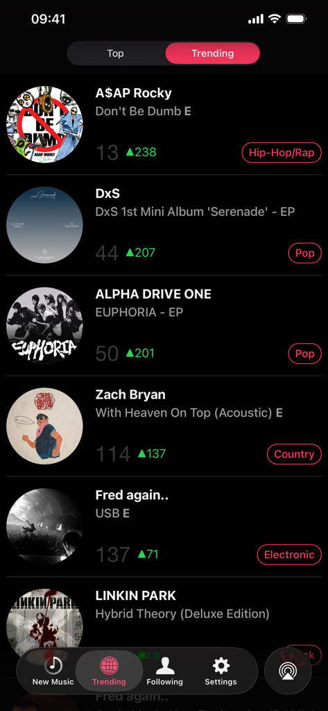 Musicasm: Best New Albums 2026 - Trending music albums list in the Musicasm app showing charts and genres