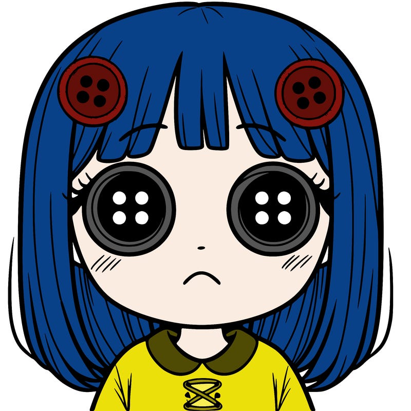 girl with button eyes and not smiling