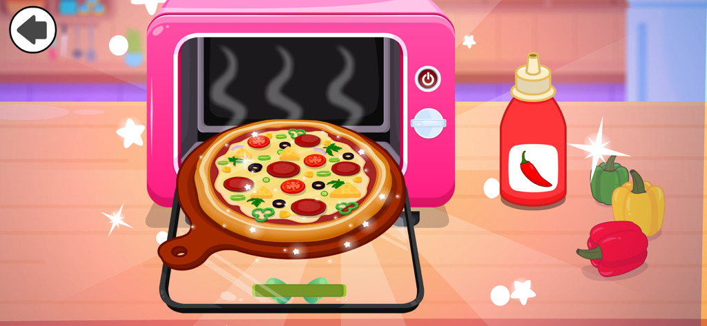 Pizza Maker Games for Kids 2-4 - 子供向け料理ゲームのピンクのおもちゃのオーブンで焼かれているカラフルなピザ。