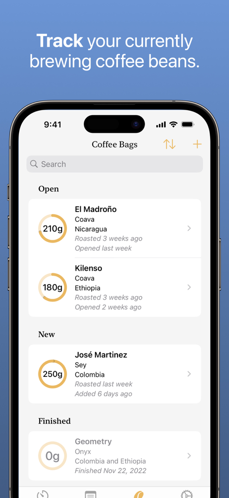 FourSix Coffee Timer - Coffee bean inventory screen tracking specialty coffee bags with roast dates and weights.