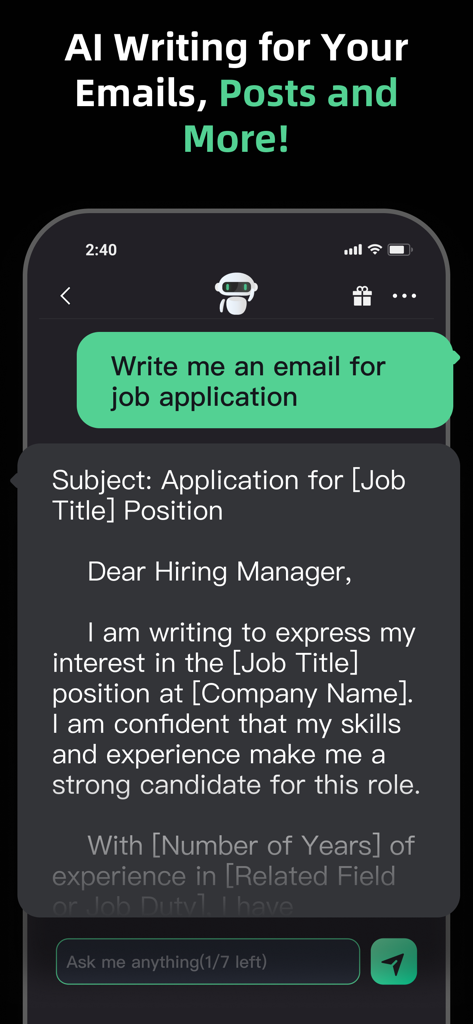 Moss - AI Chat & Genie Chatbot - Moss AI 챗봇 인터페이스는 생성된 이력서 제출 이메일 응답을 보여줍니다.