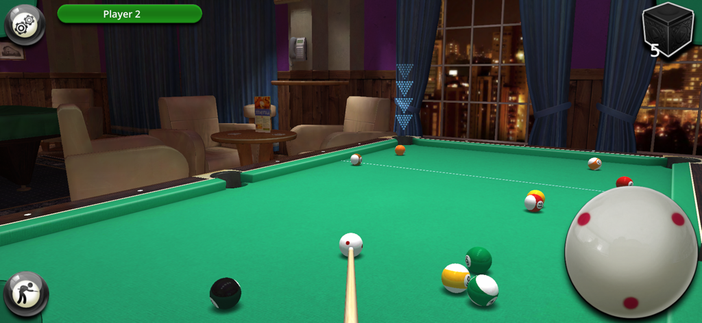 Tournament Pool - A realistic 3D billiards table in a lounge setting with spin and power controls for the cue ball.