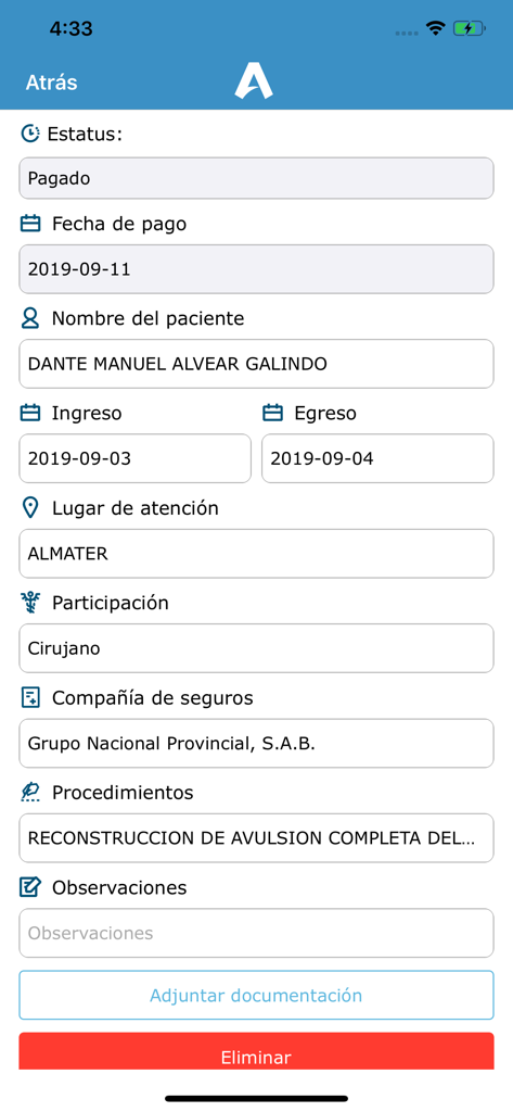 Aliquam app interface showing detailed medical insurance payment information and patient records for a surgeon