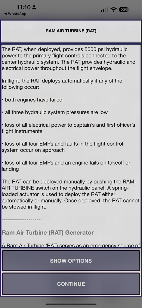 Technical explanation of the Ram Air Turbine system in the Boeing 787 training guide app