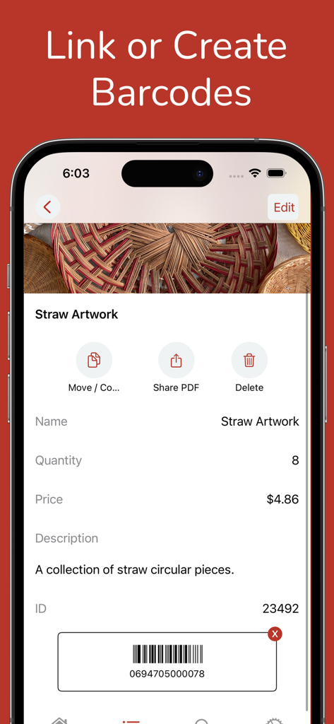 Stockroom Inventory Plus - Mobile app interface of Stockroom Inventory Plus displaying item details and a barcode for inventory tracking