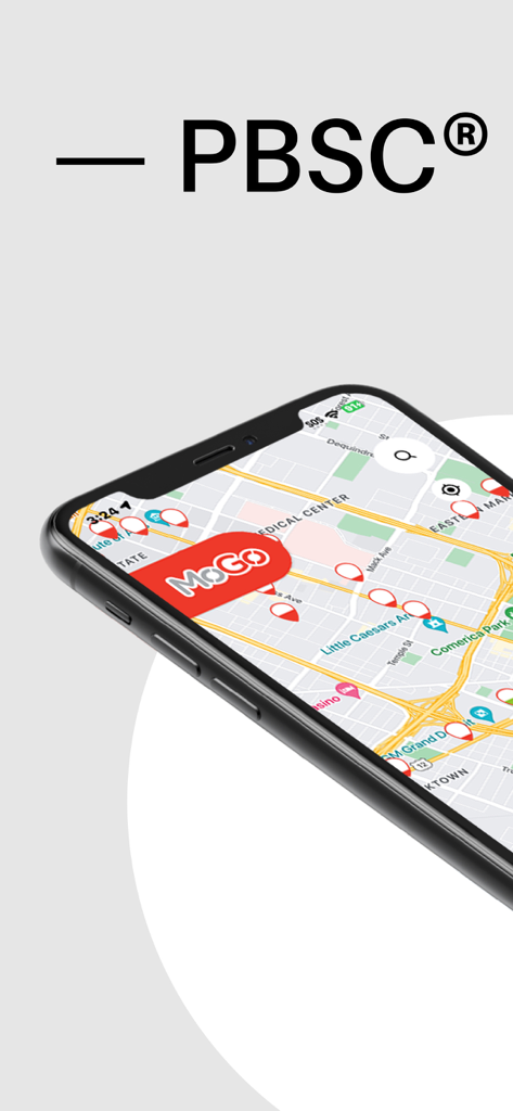 PBSCアプリのインターフェースに、地図上のMoGoバイクシェアステーションが表示されています。
