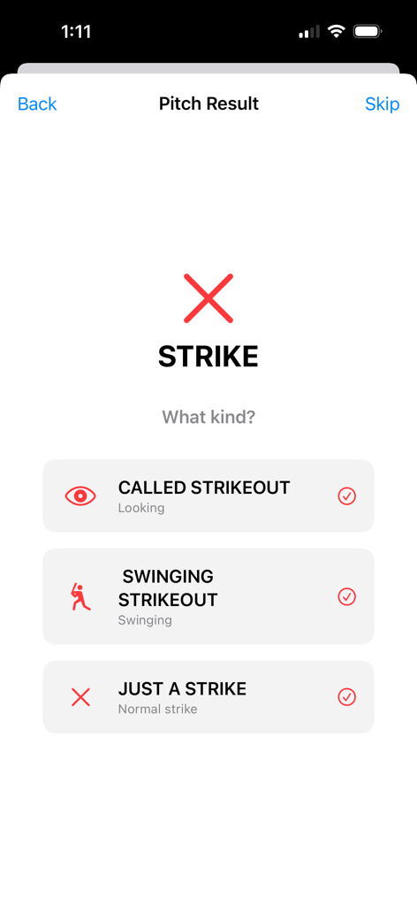 Baseball Speed - Baseball Speedアプリの画面に、コールストライク、スイングストライク、または通常のストライクなどの投球結果を選択するオプションが表示されます。
