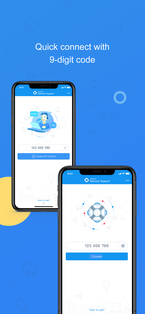 AirDroid Business App-Screenshot, der die Schnellverbindungs-Oberfläche mit einem 9-stelligen Code zeigt.