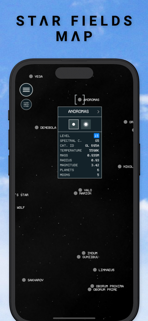 Companion & Guide for SF - Interface do aplicativo companheiro de Starfield mostrando um mapa estelar da galáxia e dados específicos para o sistema Andromas