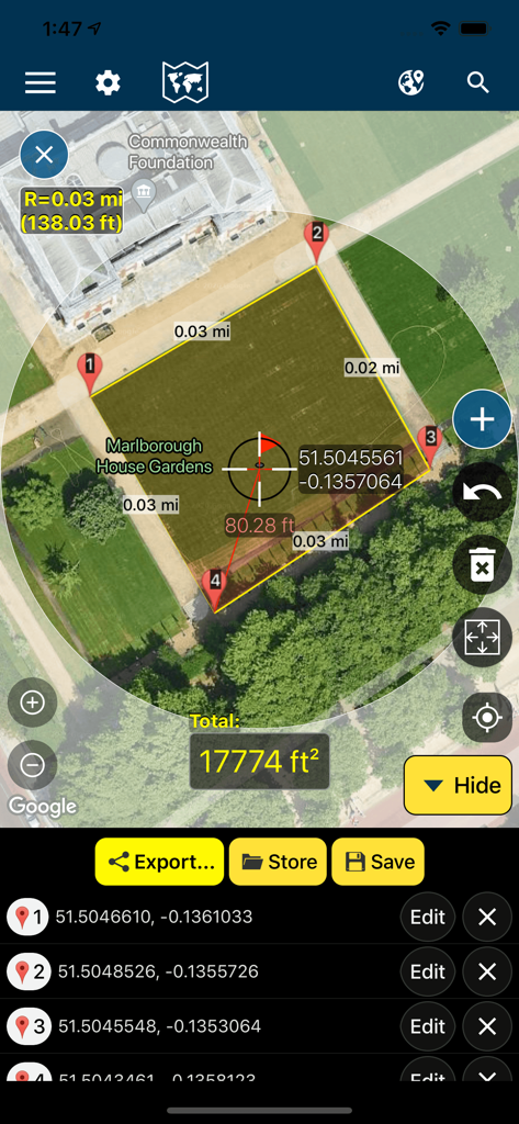 Measure Map - Measure Map app interface showing a 17774 square foot area measurement on a satellite map with GPS coordinates
