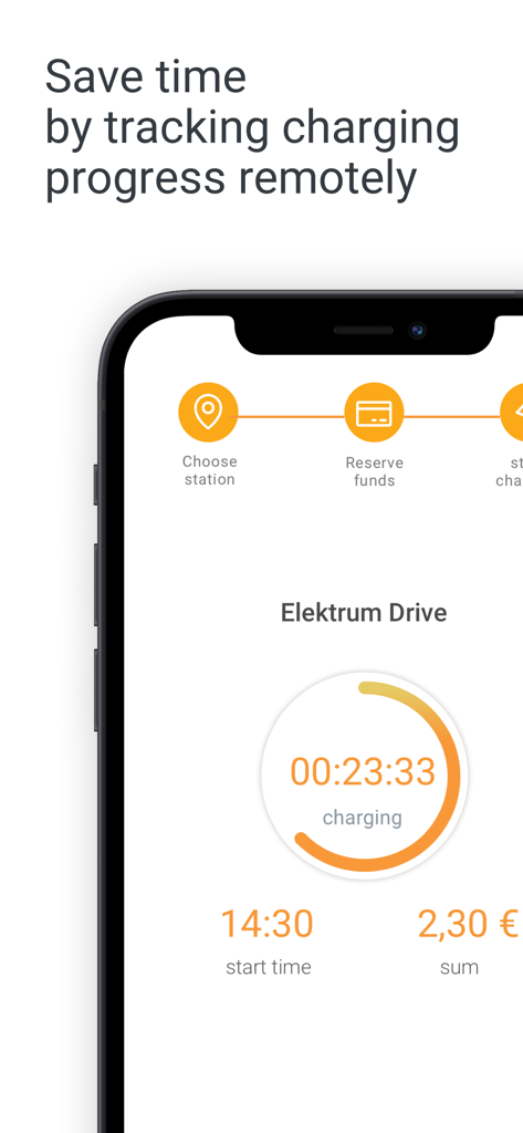 Interface de l'application mobile Elektrum Drive montrant la progression de la recharge du VE en temps réel et le coût de la session.