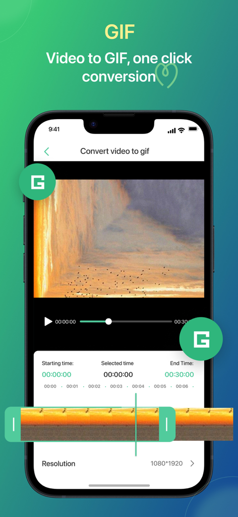 MP3 Converter - Extract MP3 - Mobile app interface for converting video to GIF with trimming and resolution settings