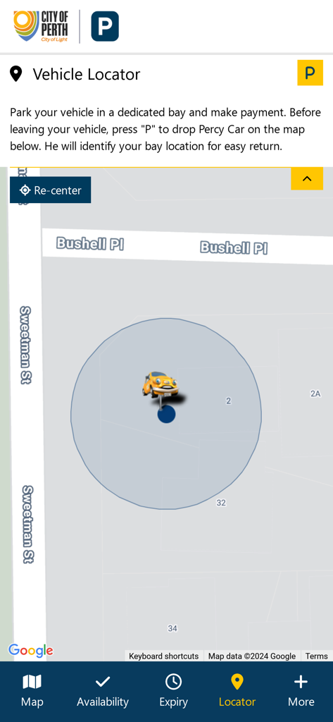 Map view of the vehicle locator feature in the City of Perth Parking app showing a parked car