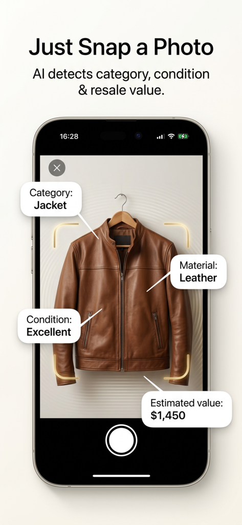 Écran de smartphone montrant l'application Revalue scannant une veste en cuir marron et affichant une valeur de revente estimée à 1 450 $ basée sur une analyse IA.