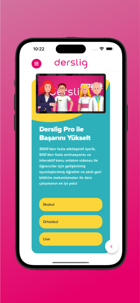 Derslig - Derslig app main screen showing primary middle and high school education categories