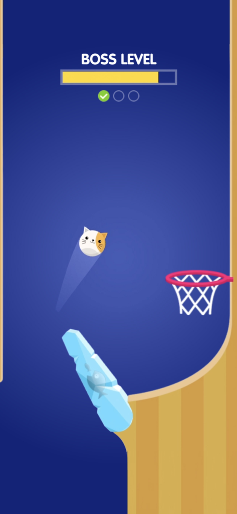 Flipper Dunk - Tela de nível chefe de Flipper Dunk com uma bola temática de gato e fliper de gelo com peixe