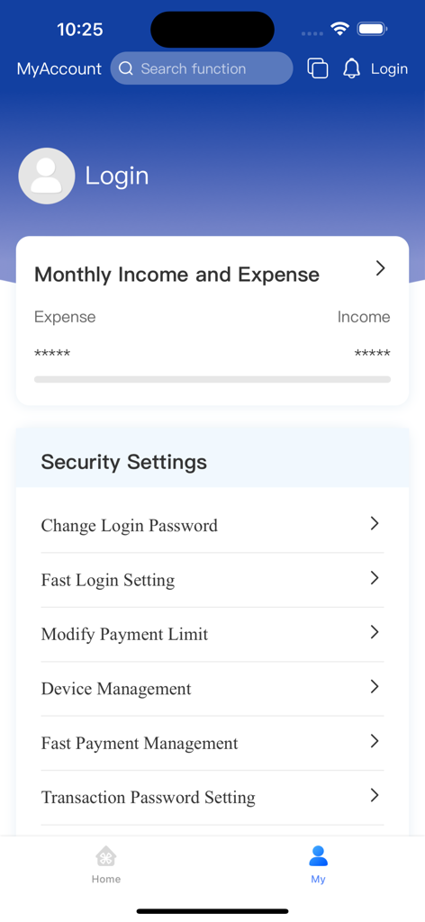 Personal account and security settings page of the Luso International Banking app
