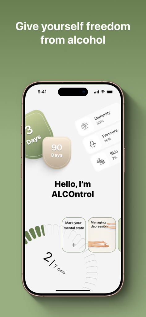 ALCOntrol - Alcohol Tracker - ALCOntrol 앱 홈 화면, 금주 진행 상황 및 건강 지표 표시