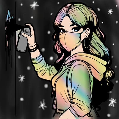 realistic girl with mask spray painting a wall