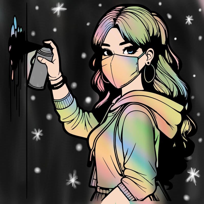 realistic girl with mask spray painting a wall