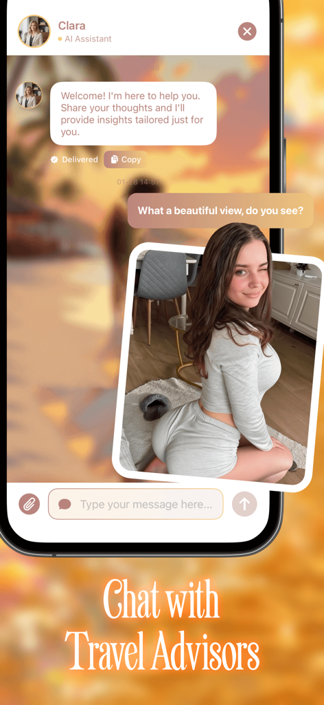 Lumen - Delightful Moments - Lumenアプリのチャットインターフェース画面で、旅行アドバイザーと共有された写真が表示されているスマートフォン画面。