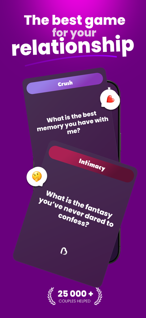 Couple Game and Dare Bloomy app displaying cards with relationship and intimacy questions