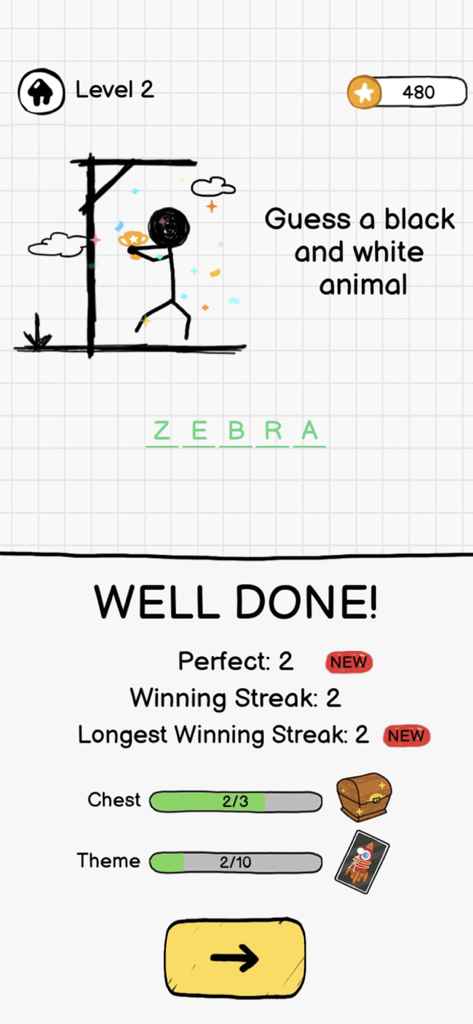 Victory screen in Hangman Words showing a solved word puzzle and player statistics