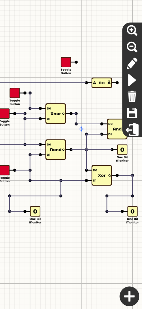 Digital logic circuit simulation interface with various gates and monitors
