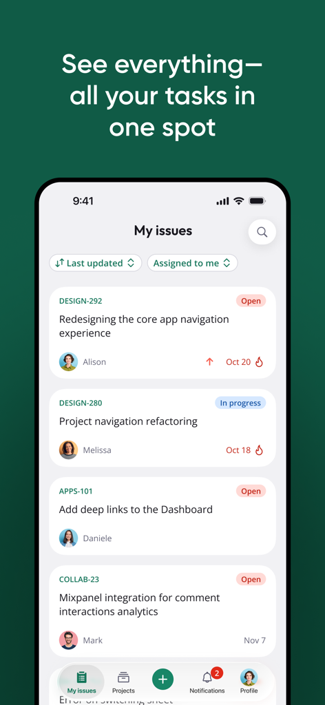 Interfaz de la aplicación móvil Backlog que muestra una lista de tareas y problemas del proyecto con miembros asignados y actualizaciones de estado