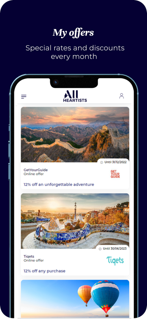 ALL Heartists program - ALL Heartists app interface showing special rates and discounts on travel experiences for Accor staff