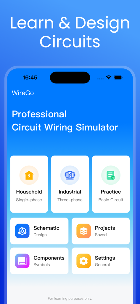 WireGo - WireGo app main menu displaying categories for household industrial and basic circuit wiring simulations