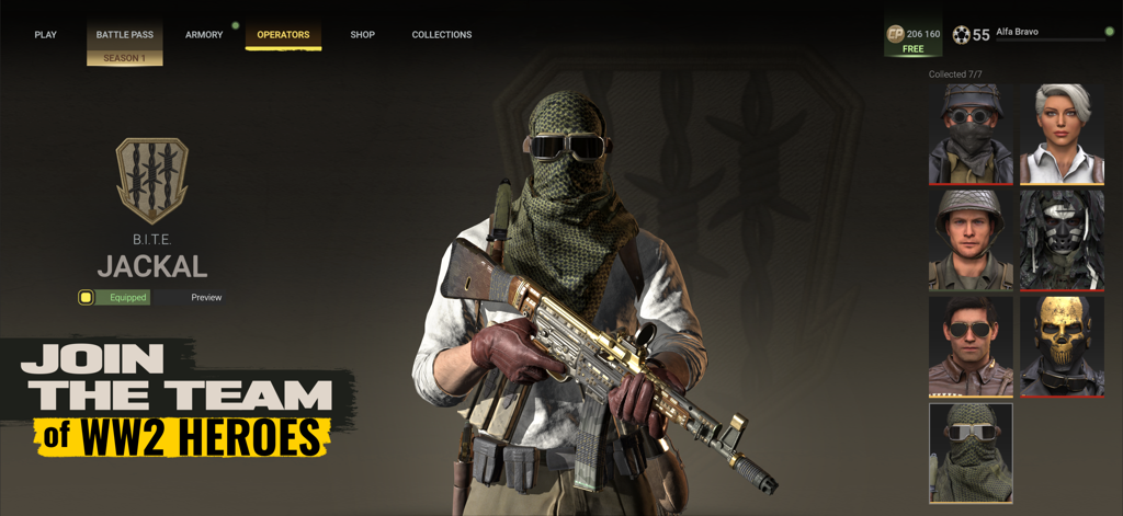 World War Legion: WW2 FPS PvP - World War Legion character selection screen showing the Jackal operator holding a weapon