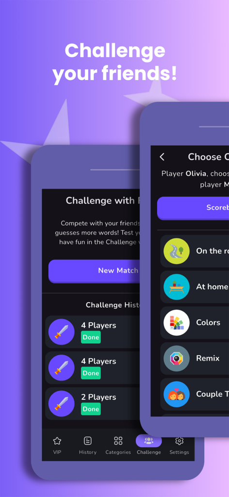 Guess It: Charades & Guessing - Guess It charades app interface showing multiplayer challenge history and game category selection screens.