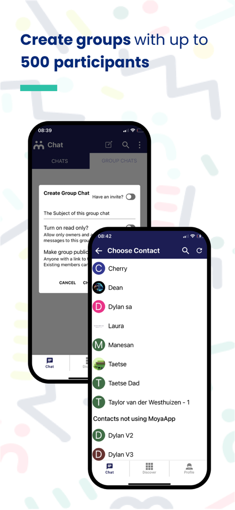 Screenshot of Moya App showing the group chat creation screen and a list of contacts to choose from.