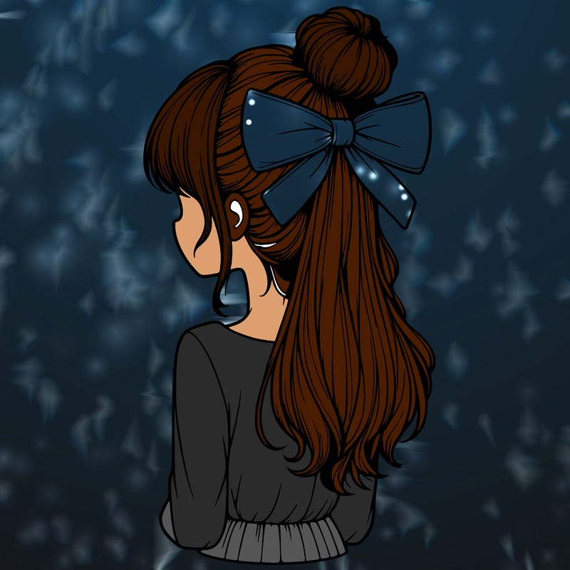 realistic girl  with hip length hair a bun and a big bow on the back of head