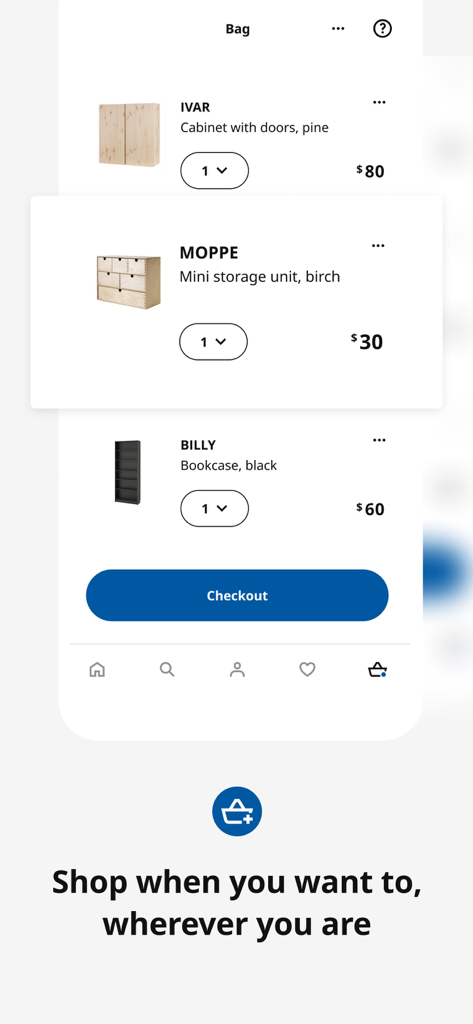 IKEA mobile app shopping bag screen displaying furniture items and a checkout button