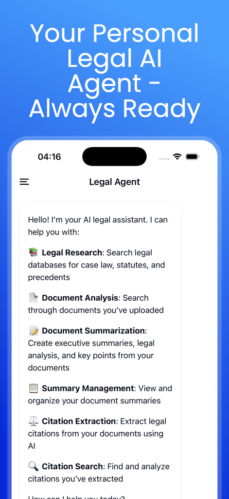 Screenshot do aplicativo v-Lawyer mostrando recursos de agente jurídico de IA, incluindo pesquisa jurídica, análise de documentos e extração de citações.