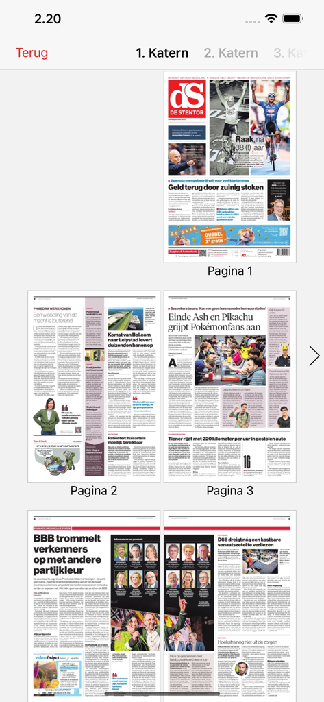 De Stentor - Digitale krant - Uma vista de grelha de várias páginas de jornal digital dentro da interface da aplicação De Stentor.