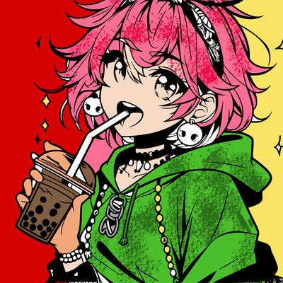 hot baddie anime girl drinking boba and biting the straw