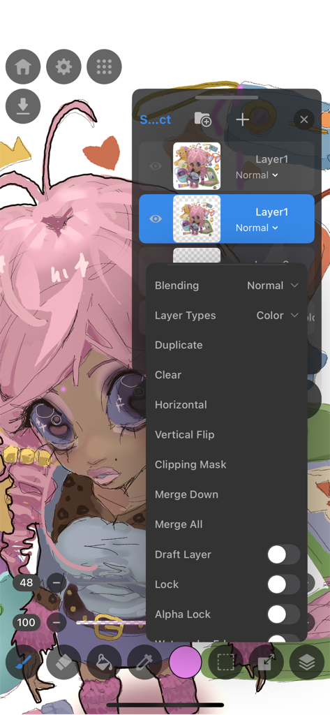 Interfaz de la aplicación de dibujo MediBang Paletta que muestra el menú de capas con opciones de edición profesional.