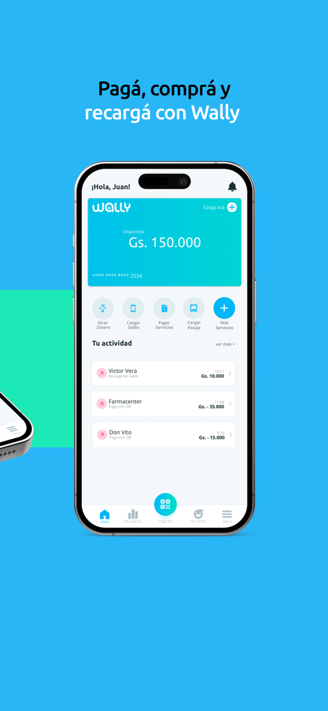 Wally Paraguay - Pantalla de un smartphone mostrando el panel de la aplicación Wally Paraguay con el saldo de la cuenta y el historial de transacciones