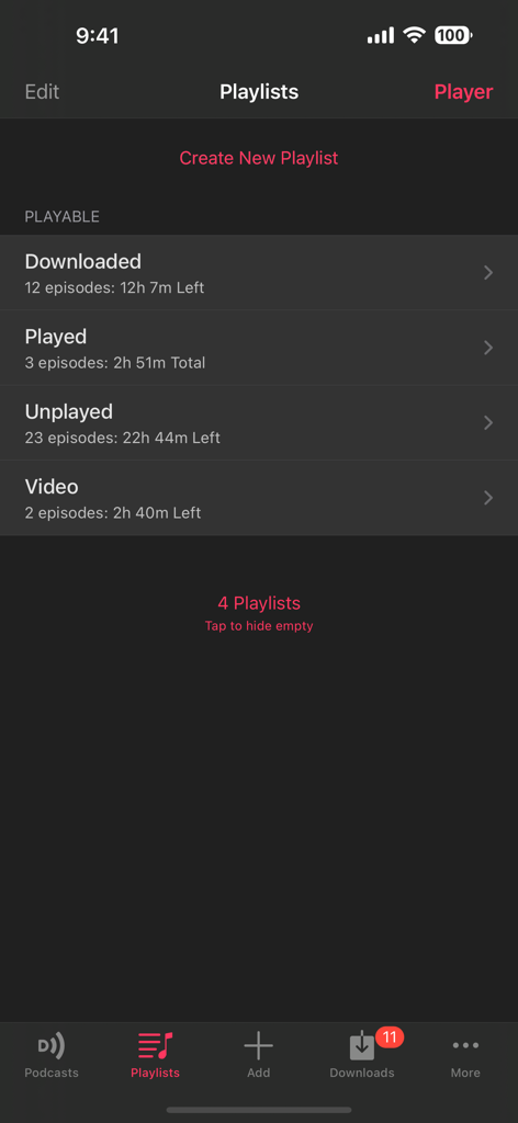 La schermata delle playlist dell'app Downcast che mostra cartelle intelligenti per episodi podcast scaricati, ascoltati e non ascoltati