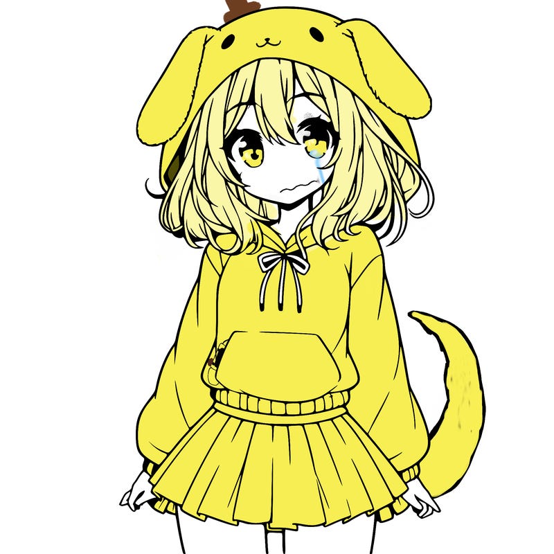 pretty anime girl wearing a fluffy hoodie with bunny ears on the hood and a skirt