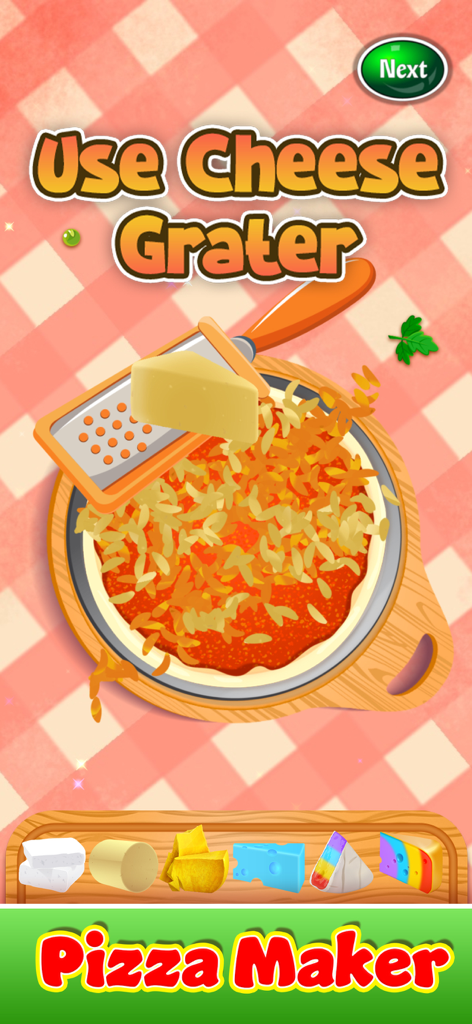 Cooking Games: Pizza Maker - A digital kitchen scene where cheese is being grated onto a pizza in a kids cooking game