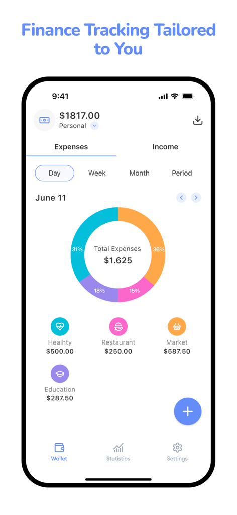 Finance Tracker: Budget Tool - Mobile app interface showing a donut chart breakdown of expenses by category like restaurant and health