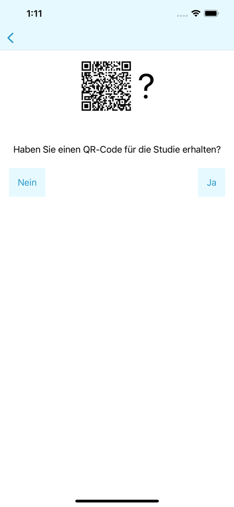 ESMira - ESMira App-Bildschirm, der den Teilnehmer fragt, ob er einen QR-Code erhalten hat, um an einer Forschungsstudie teilzunehmen.