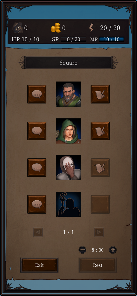 Ax RPG II - Capture d'écran d'Ax RPG II montrant les portraits des personnages et les options d'interaction sur la place de la ville